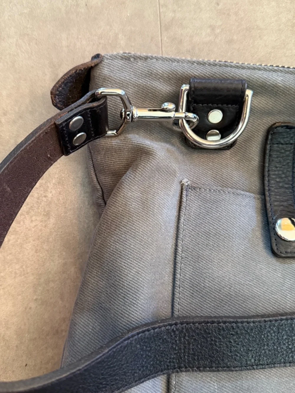 Ernest Alexander Varick gray twill canvas briefcase, dark brown leather